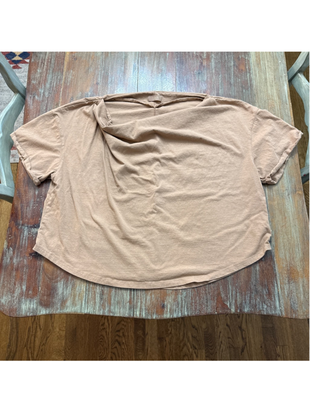 nuuds Tan Boatneck Short Sleeve Tee - Boxy Minimalist Draped Top - Curved Hem XL